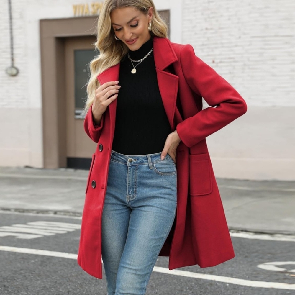 Old Navy Red Wool Blend Pea Coat | Midi Length Lapel Collar Fall Overcoat